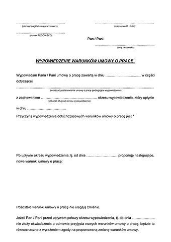 WWUP Wypowiedzenie warunków umowy o pracę