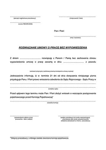 RUPBW Rozwiązanie umowy o pracę bez wypowiedzenia