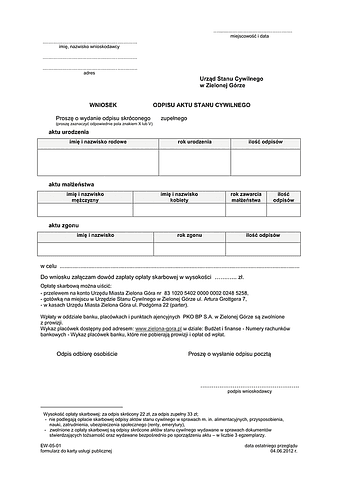 WOWAC-ZG Wniosek o wydanie odpisu aktu stanu cywilnego Zielona Góra