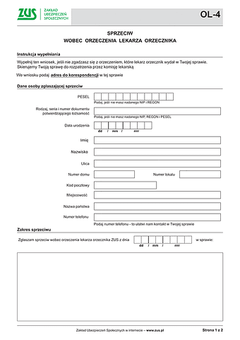 ZUS OL-4 Sprzeciw wobec orzeczenia lekarza orzecznika