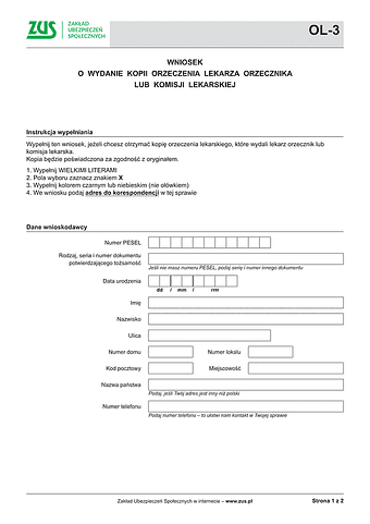 ZUS OL-3 Wniosek o wydanie kopii orzeczenia lekarza orzecznika lub komisji lekarskiej