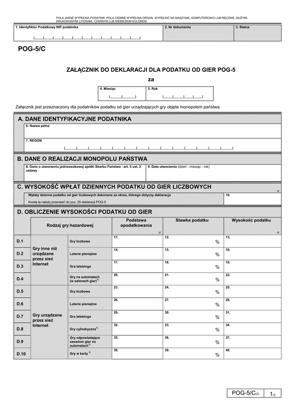 POG-5/C (2) Załącznik do deklaracji POG-5 dla podatku od gier
