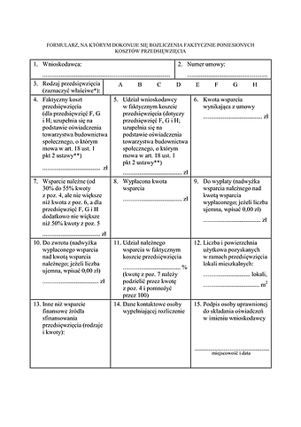 FRFK Formularz, na którym dokonuje się rozliczenia faktycznie poniesionych kosztów przedsięwzięcia