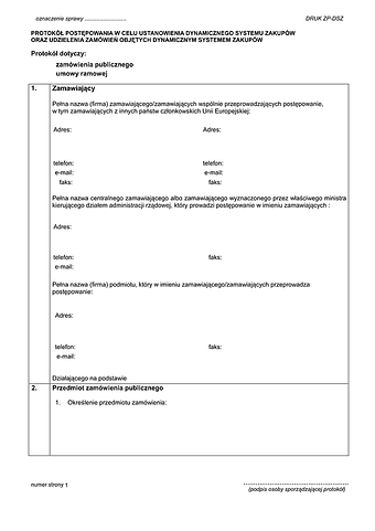 ZP-DSZ Protokół postępowania w celu ustanowienia dynamicznego systemu zakupów oraz udzielenia zamówień objętych dynamicznym systemem zakupów
