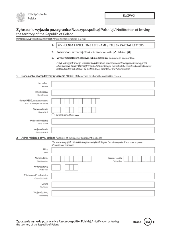 EL/ZP/3 Zgłoszenie wyjazdu poza granice Rzeczypospolitej Polskiej trwającego dłużej niż 6 miesięcy