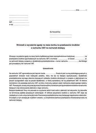 Wowz Wniosek o wyrażenie zgody na rzecz banku na przekazanie środków z rachunku VAT na rachunek bieżący