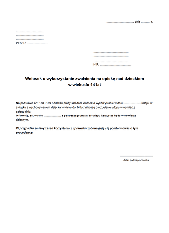 OponD Oświadczenie pracownika o zamiarze lub braku zamiaru korzystania z 2 dni opieki nad dzieckiem