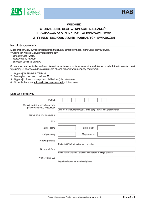 ZUS RAB Wniosek o udzielenie ulgi w spłacie należności likwidowanego funduszu alimentacyjnego z tytułu bezpodstawnie pobranych świadczeń