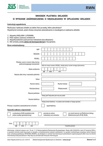 ZUS RWN Wniosek płatnika składek o wydanie zaświadczenia o niezaleganiu w opłacaniu składek