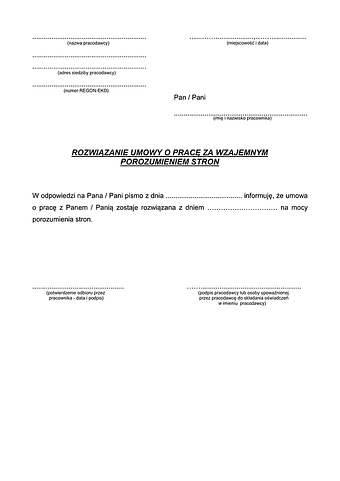 RUPPS Rozwiązanie umowy o pracę za wzajemnym porozumieniem stron (pracodawca)