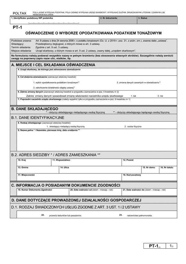 PT-1 (2) Oświadczenie o wyborze opodatkowania podatkiem tonażowym