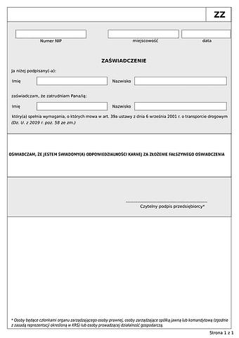 ZZ Zaświadczenie zatrudnienia kierowcy