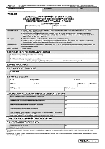WZS-1R (4) Deklaracja o wysokości zysku (straty) osiągniętego przez jednoosobową spółkę skarbu państwa i o wpłatach z zysku za rok obrotowy