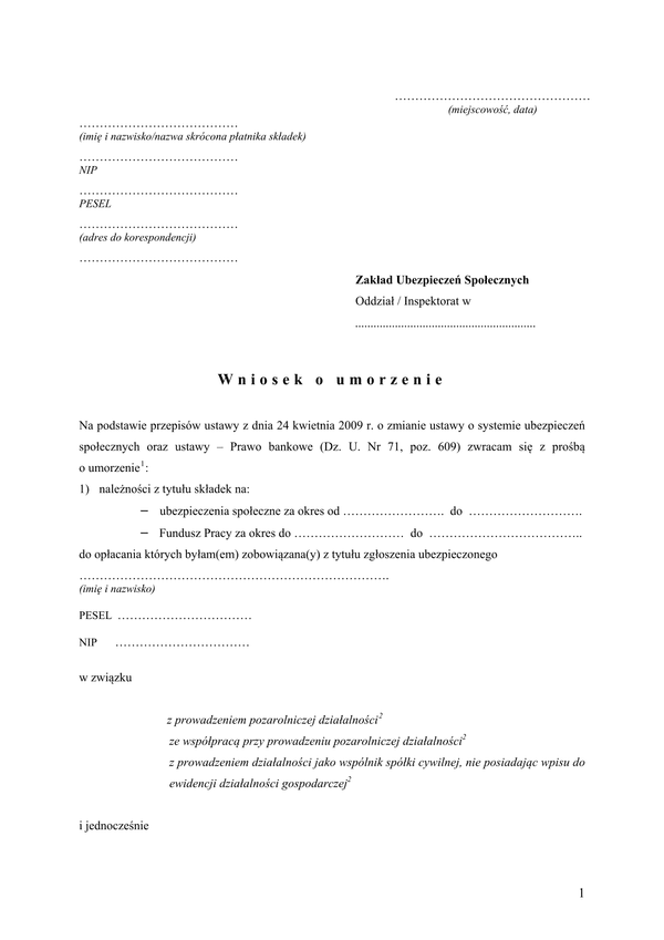 WOUAM Wniosek o umorzenie należności z tytułu składek - abolicja matki