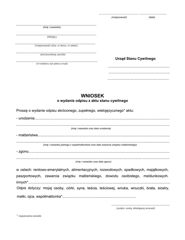 WWOAC Wniosek o wydanie odpisu aktu stanu cywilnego