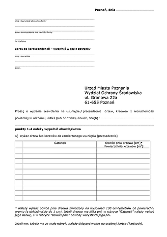 WWD-Po Wniosek o wydanie zezwolenia na usunięcie/przesadzenie drzew/krzewów Poznań