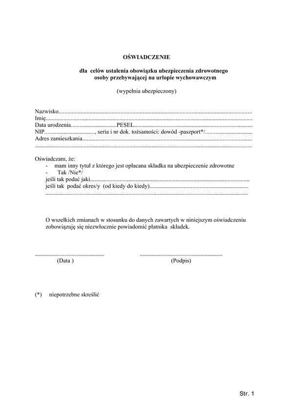 ZUS OOUZ Oświadczenie dla celów ustalenia obowiązku ubezpieczenia zdrowotnego osoby przebywającej na urlopie wychowawczym