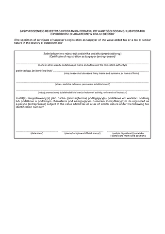 ZRPWD Zaświadczenie o rejestracji podatku od wartości dodanej lub podatku o podobnym charakterze w kraju siedziby