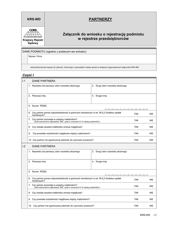 KRS-WD Partnerzy - załącznik do wniosku o rejestrację podmiotu w rejestrze przedsiębiorców