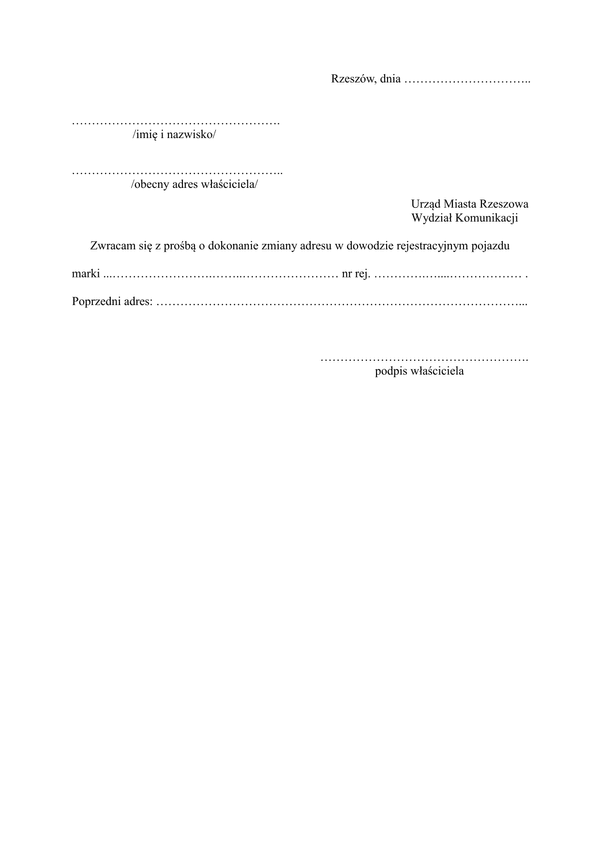 WZDR-Rz (a)  Wniosek o zmianę adresu w dowodzie rejestracyjnym Rzeszów