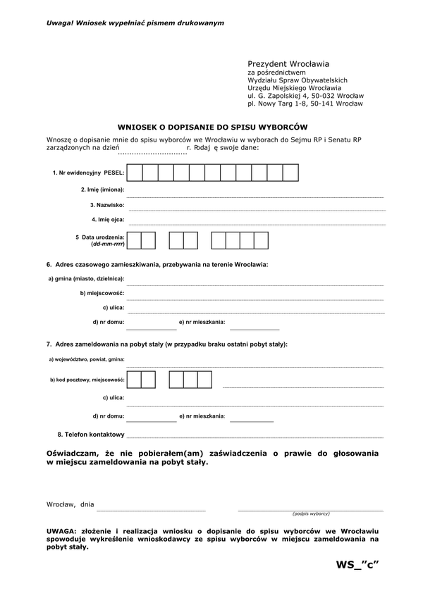 WDSW-Wr Wniosek o dopisanie do spisu wyborców Wrocław