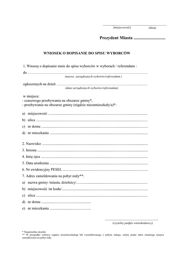 WDSW Wniosek o dopisanie do spisu wyborców