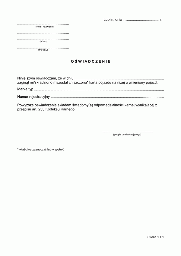 OOKUK-L Oświadczenie o odpowiedzialności karnej - utrata karty pojazdu Lublin