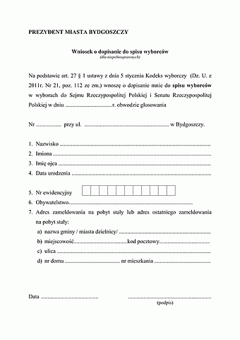 WDSW-B(n) Wniosek o dopisanie do listy wyborców (dla niepełnosprawnych) Bydgoszcz
