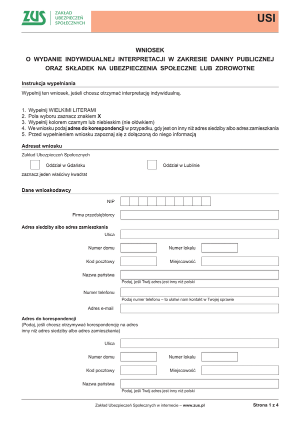 ZUS USI Wniosek o wydanie indywidualnej interpretacji w zakresie daniny publicznej oraz składek na ubezpieczenia społeczne lub zdrowotne - z wysyłką do PUE ZUS
