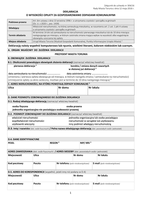 DWOOK-T Deklaracja o wysokości opłaty za gospodarowanie odpadami komunalnymi - Toruń