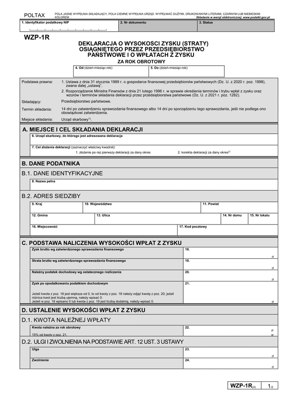 WZP-1R (4) Deklaracja o wysokości zysku (straty) osiągniętego przez przedsiębiorstwo państwowe i o wpłatach z zysku za rok obrotowy (od 14.07)