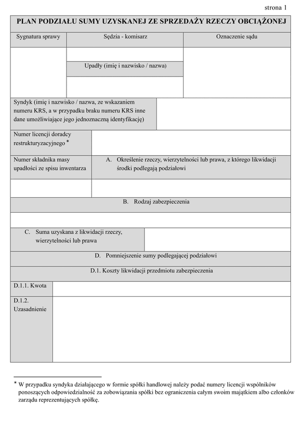 PPSRO Plan podziału sumy uzyskanej ze sprzedaży rzeczy obciążonej