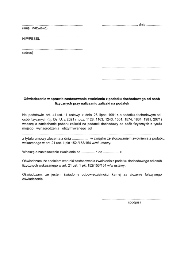 OwZPD-z Oświadczenie w sprawie zastosowania zwolnienia z podatku dochodowego od osób fizycznych przy naliczaniu zaliczki na podatek (umowa zlecenie)