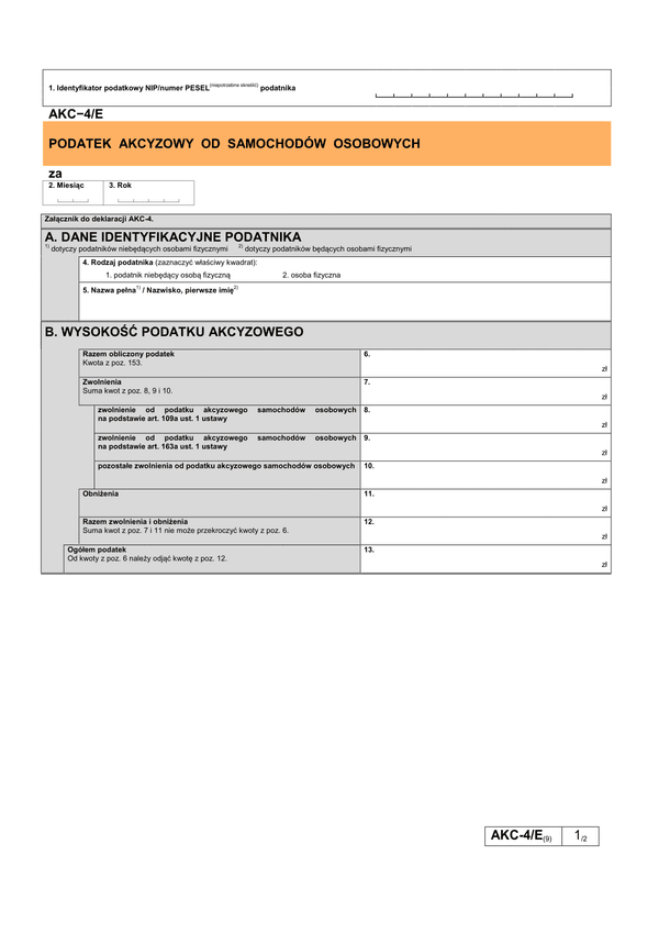 AKC–4/E (9) Podatek akcyzowy od samochodów osobowych