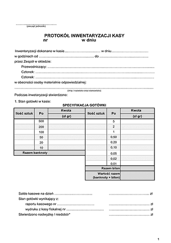 Pik Protokół inwentaryzacji kasy