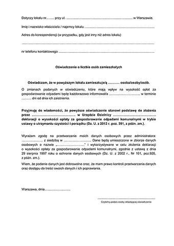 OLZ Oświadczenie o liczbie osób zamieszkałych - Warszawa