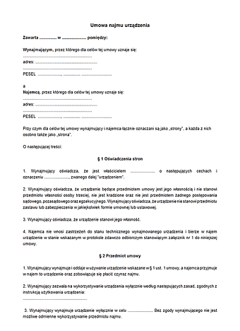 UNU Umowa najmu urządzenia