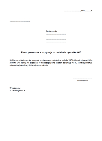 PPRZV Pismo przewodnie – rezygnacja ze zwolnienia z podatku VAT