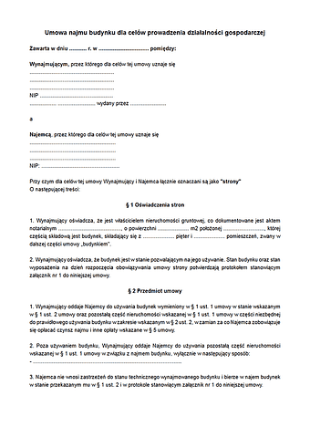 UNBDG Umowa najmu budynku dla celów prowadzenia działalności gospodarczej
