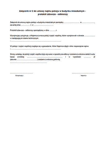 UNP-zal 2 Załącznik nr 2 do umowy najmu pokoju w budynku mieszkalnym - protokół zdawczo - odbiorczy