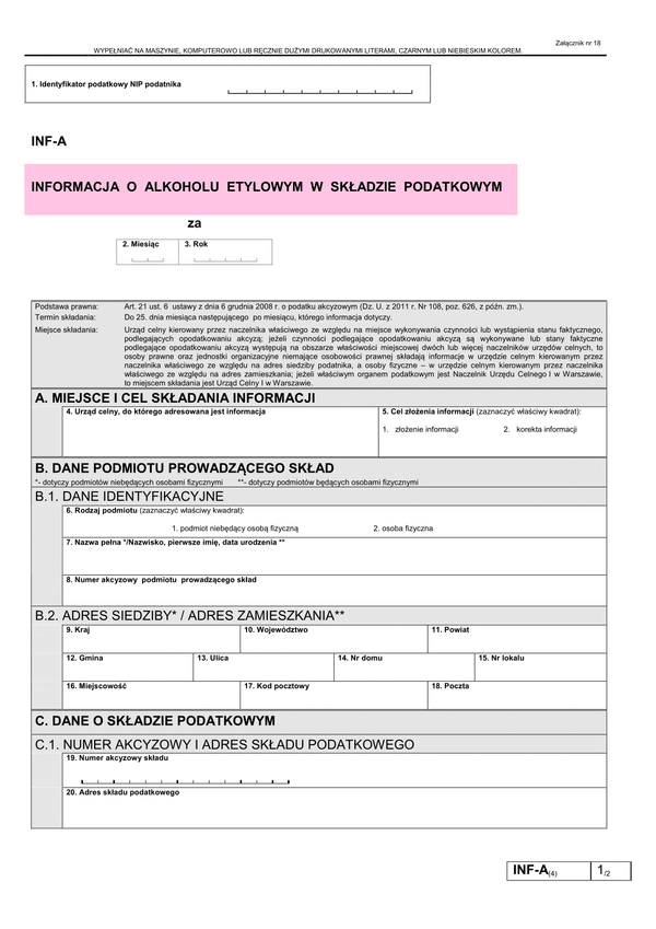 INF-A (4) (od 2013) Informacja o alkoholu etylowym w składzie podatkowym