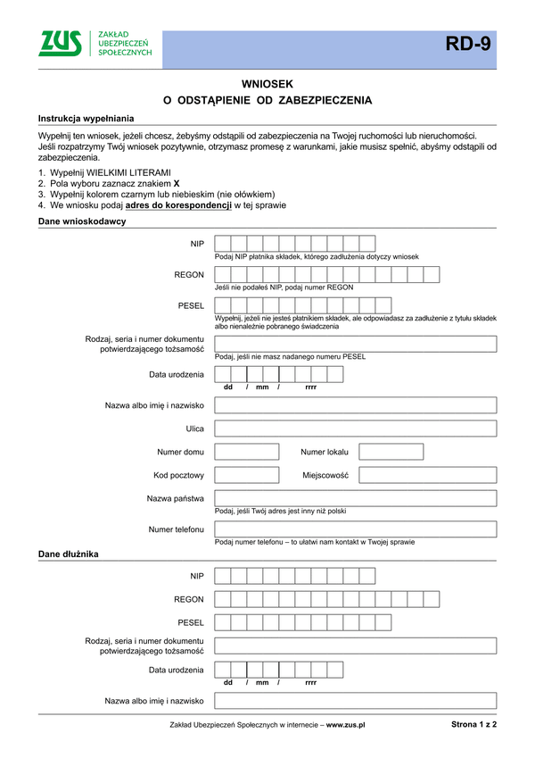 ZUS RD-9 Wniosek o odstąpienie od zabezpieczenia