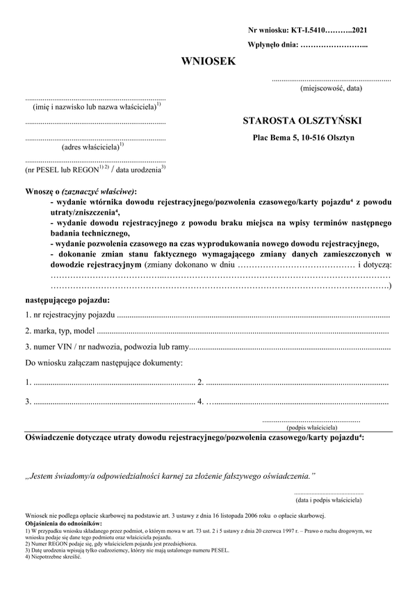 WoWDR-Ol (bm) Wniosek o wymianę dowodu rejestracyjnego z powodu braku miejsca na wpis Starostwo Powiatowe Olsztyn