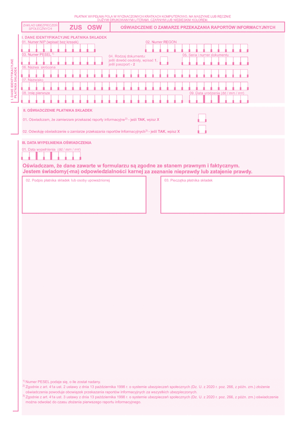 ZUS OSW Oświadczenie pracodawcy o przekazywaniu raportów informacyjnych (ZUS RIA) - z wysyłką do PUE ZUS