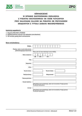 ZUS ZPO Oświadczenie w sprawie zastosowania zwolnienia z podatku dochodowego od osób fizycznych przy naliczaniu zaliczki na podatek od dochodów osiąganych z tytułu zasiłku macierzyńskiego