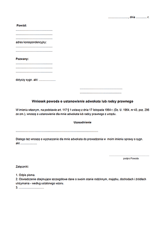 WPoUA Wniosek powoda o ustanowienie adwokata lub radcy prawnego
