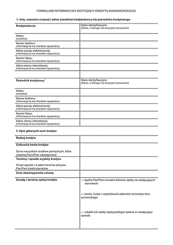 FIDKK Formularz informacyjny dotyczący kredytu konsumenckiego