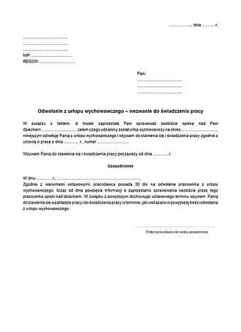 OzUW Odwołanie z urlopu wychowawczego – wezwanie do świadczenia pracy