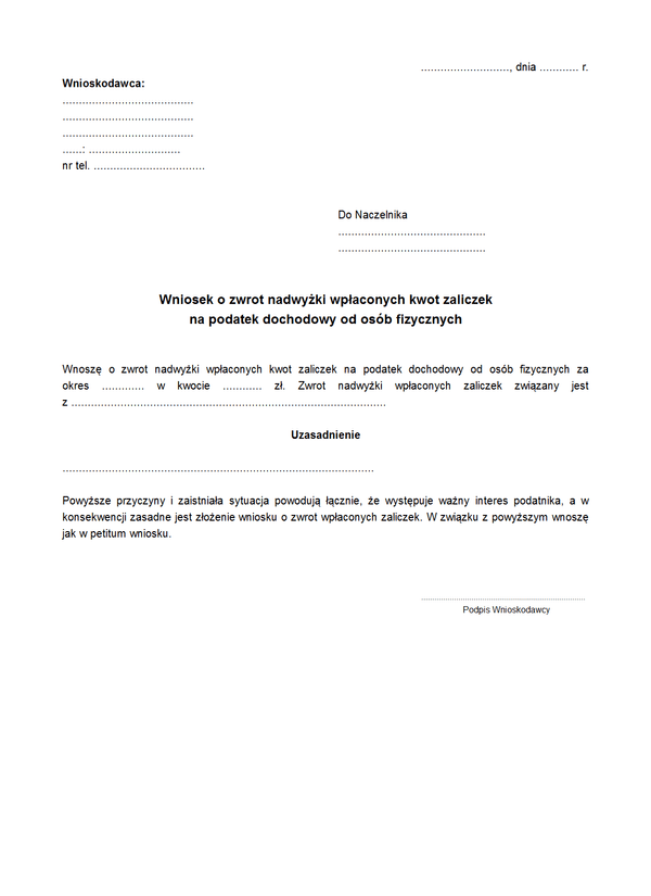 WoZNZ Wniosek o zwrot nadwyżki wpłaconych kwot zaliczek na podatek dochodowy od osób fizycznych