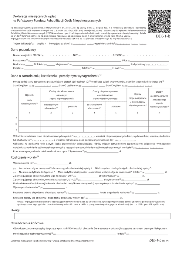 PFRON DEK-1-b Deklaracja miesięcznych wpłat na Państwowy Fundusz Rehabilitacji Osób Niepełnosprawnych